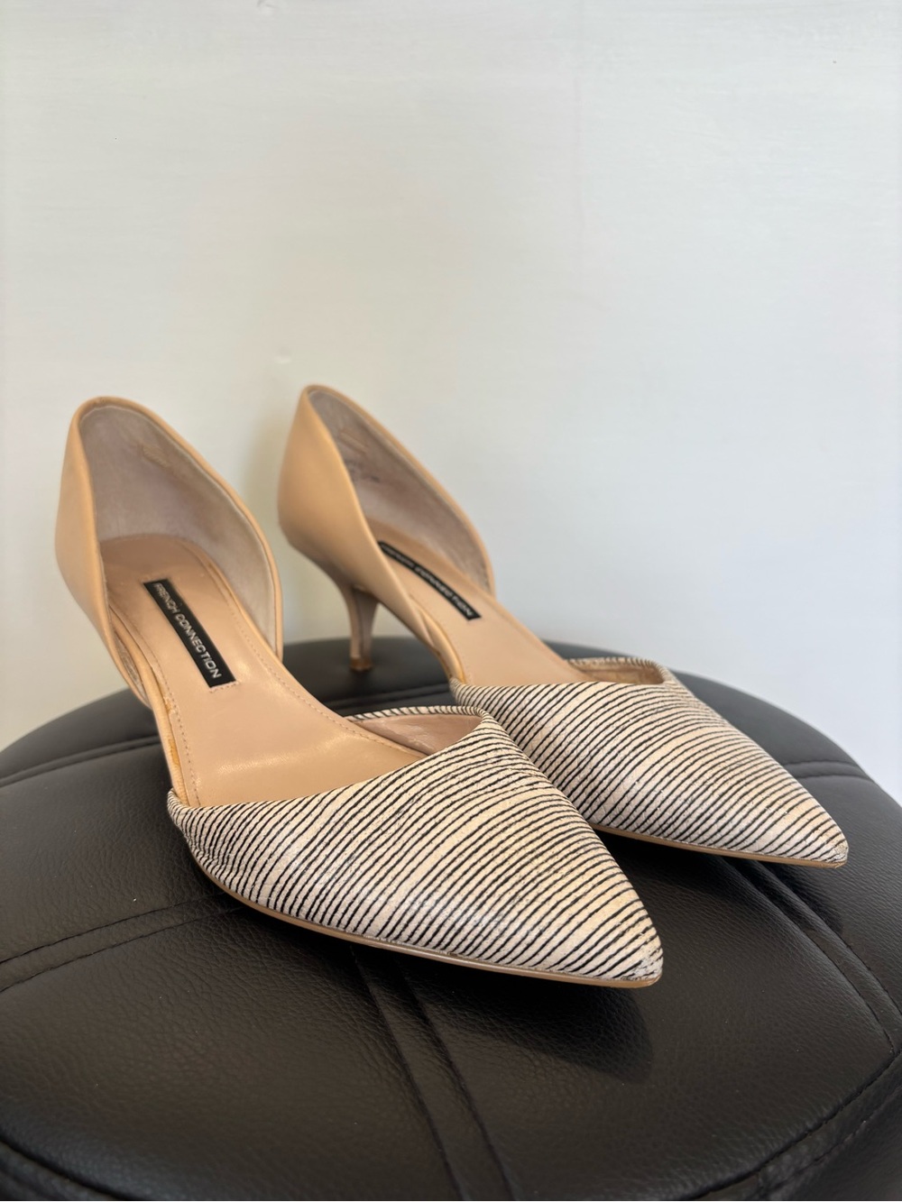 French Connection Beige and Black Striped Pointed D'Orsay Heels